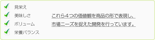 見栄え 美味しさ ボリューム 栄養バランス これら４つの価値観を商品の形で表現するために市場ニーズを捉えた開発を行っています